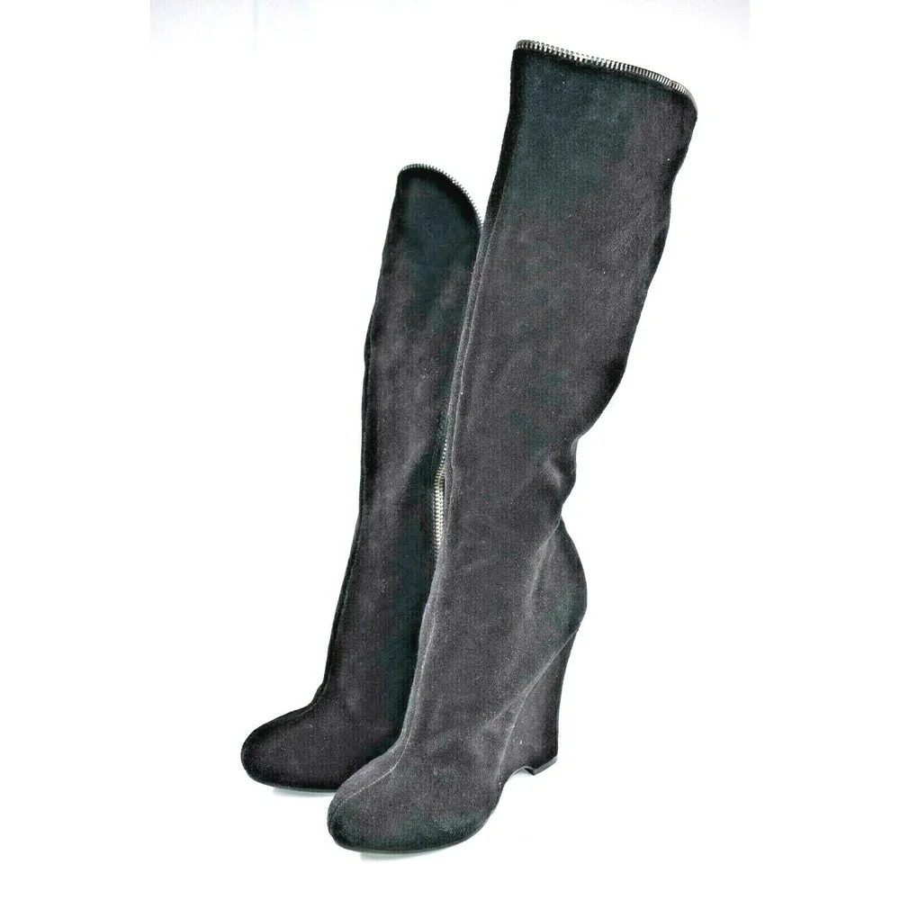 MIA Eduina Women's Black Suede Below Knee Wedge with Zipper Boots Size 8.5 M - Picture 2 of 8